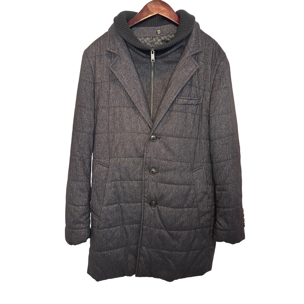 Korean Quilted‎ Jacket Mens Large Charcoal Herringbone Layered Mock Neck Coat